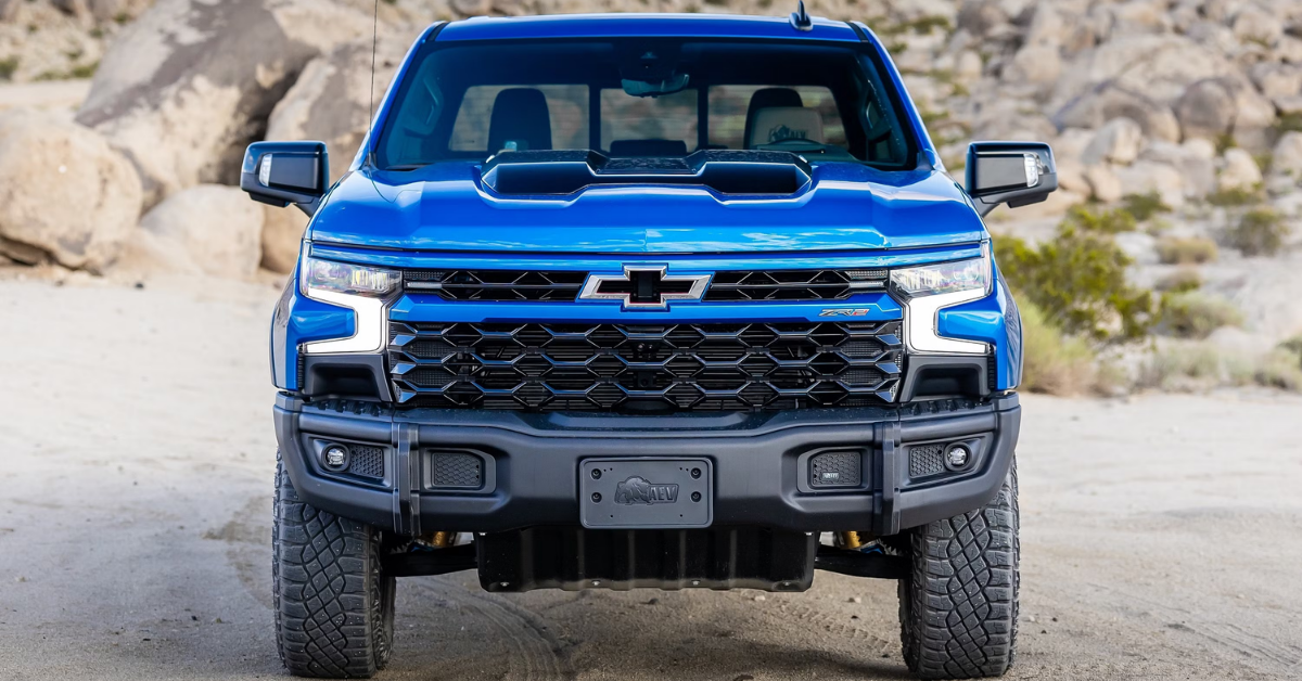 2025 Chevy Silverado ZR2 up close with the logo and blue paint from the front