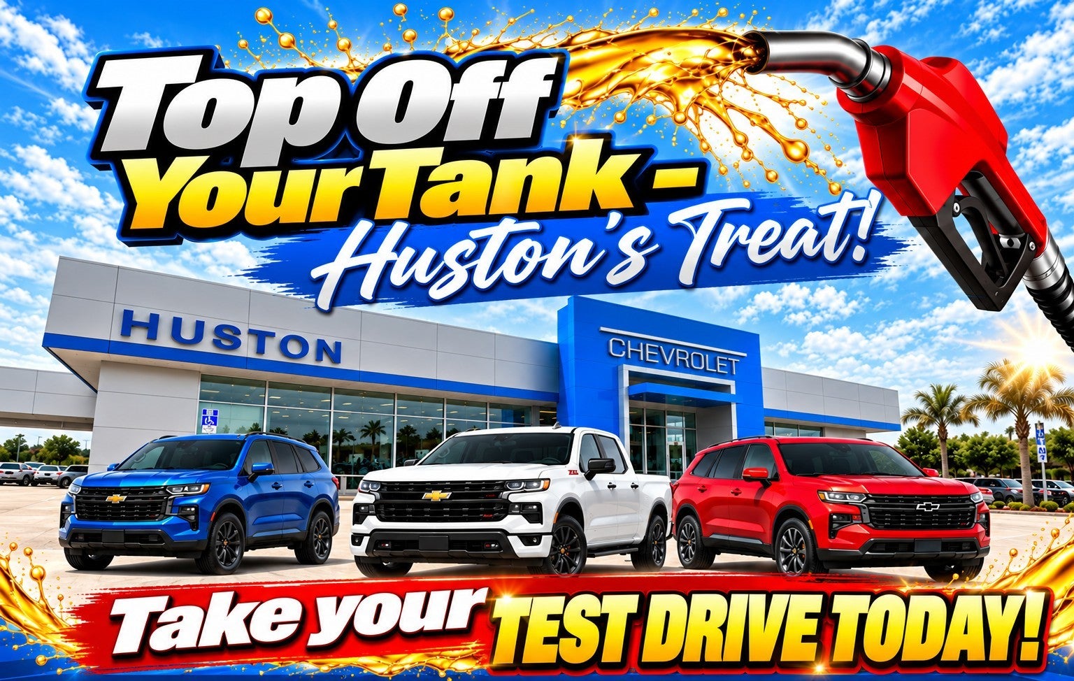 Huston Chevrolet building in background with text: Top Off Your Tank - Huston's Treat! Take your test drive today!